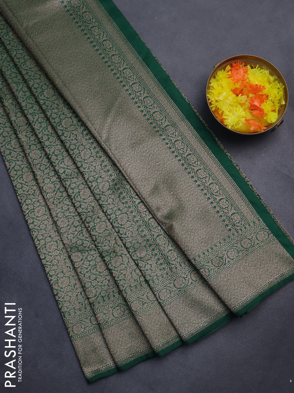 Banarasi semi silk saree green with allover thread & zari weaves and woven border