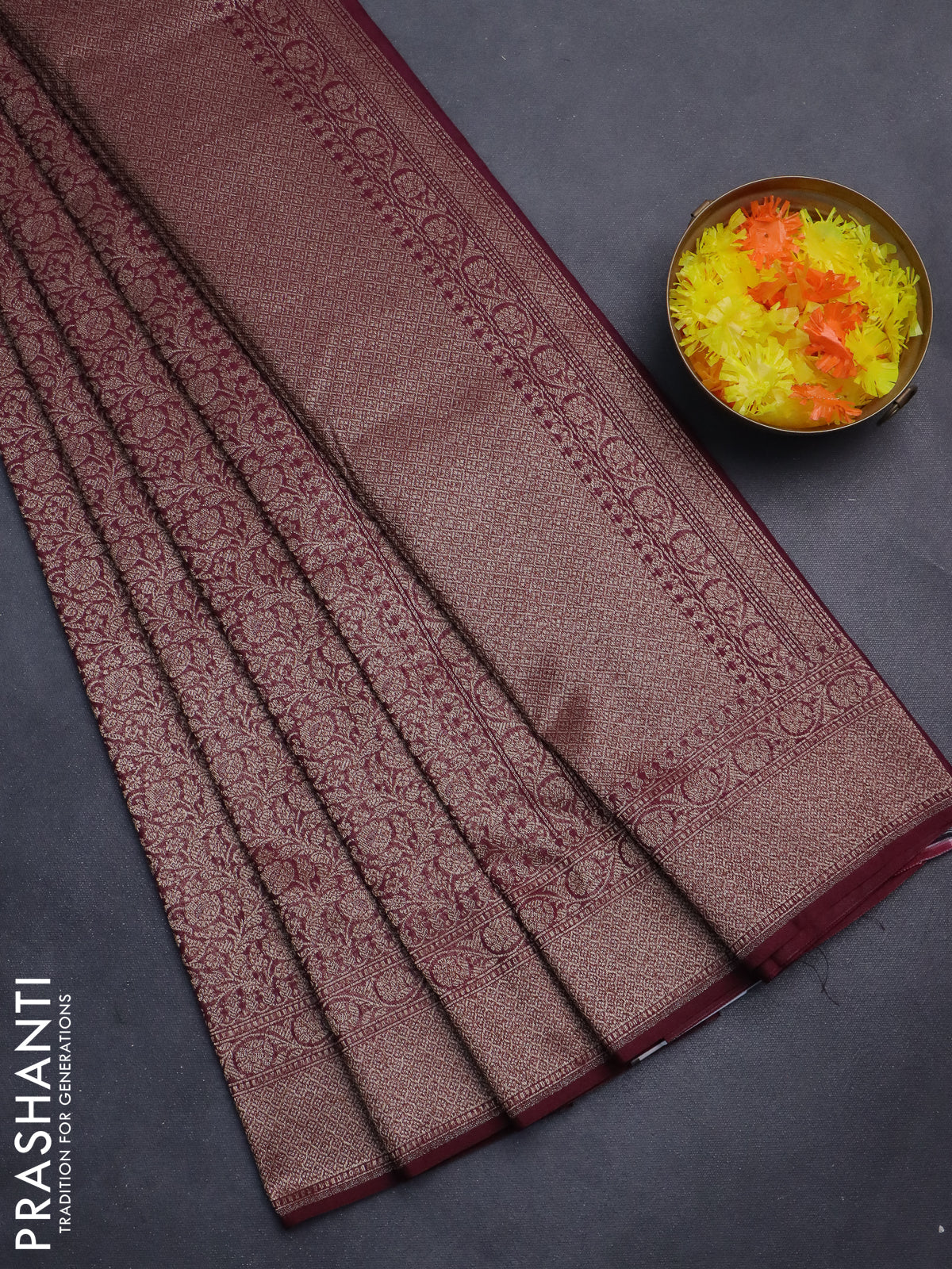 Banarasi semi silk saree deep maroon with allover thread & zari weaves and woven border