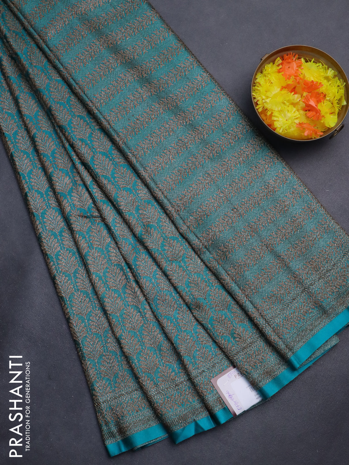 Banarasi semi silk saree teal blue with allover thread & zari weaves and woven border
