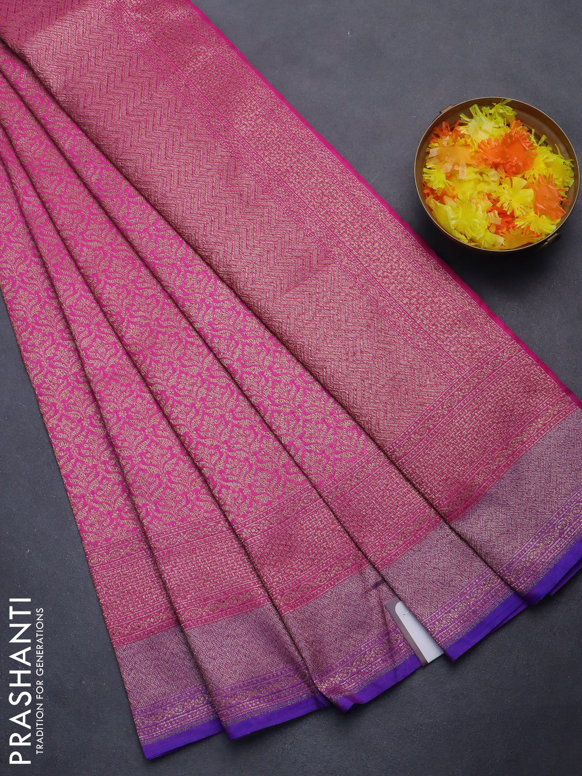 Banarasi semi silk saree pink and violet with allover thread & zari weaves and woven border
