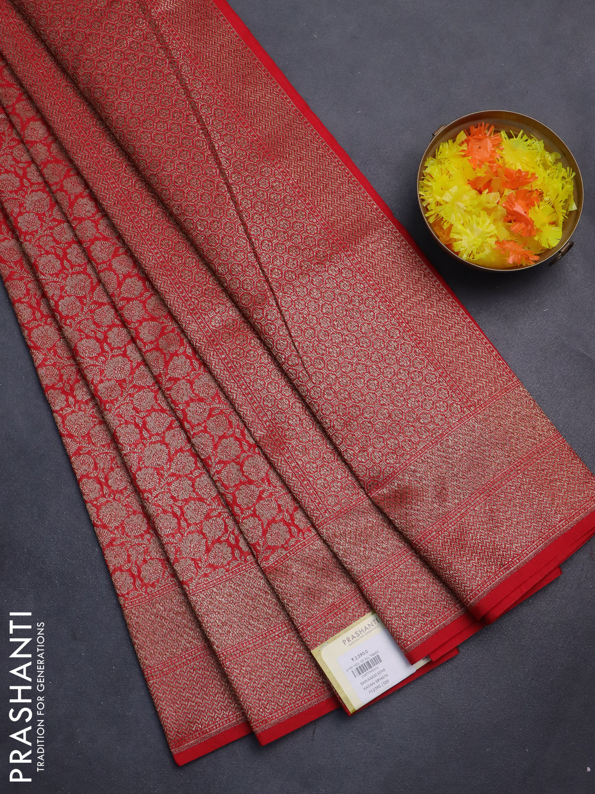 Banarasi semi silk saree red with allover thread & zari weaves and woven border