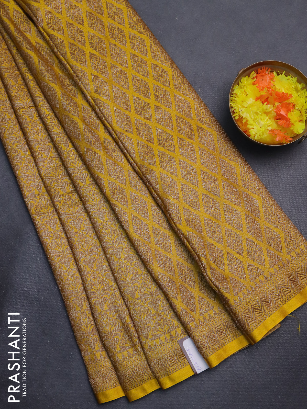 Banarasi semi silk saree yellow with allover thread & zari weaves and woven border