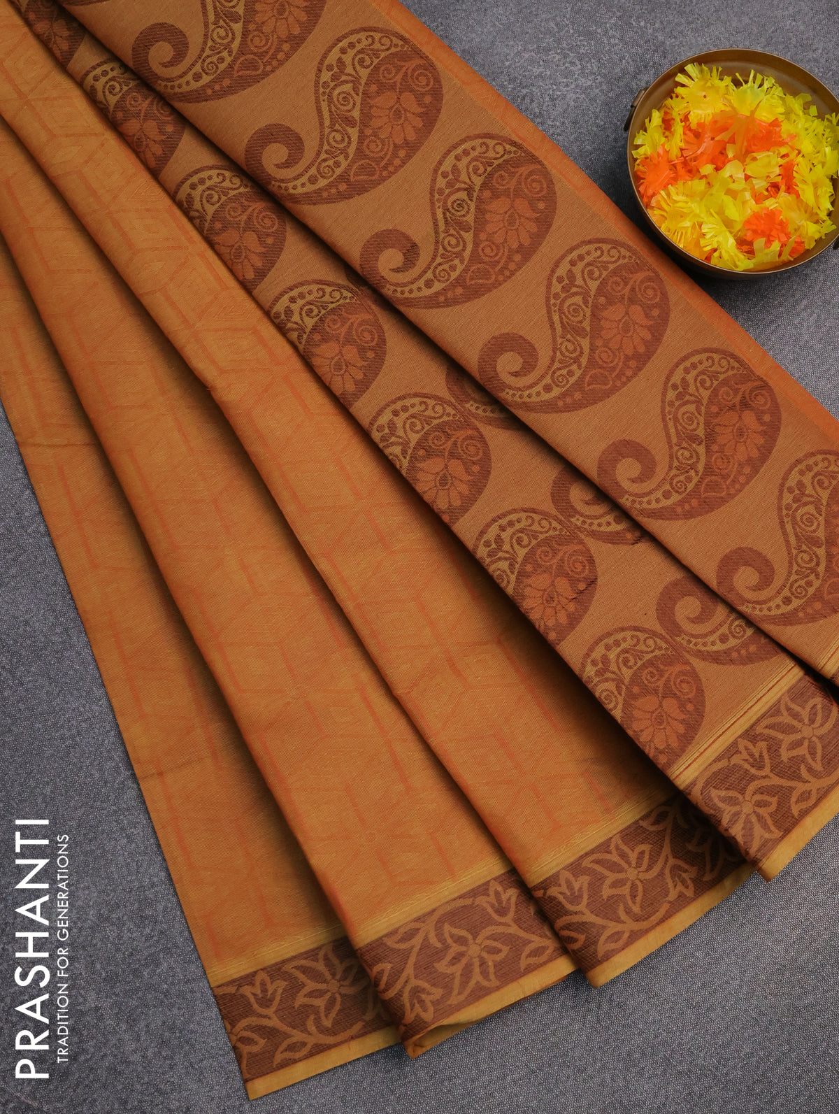 Coimbatore cotton saree dual shade of dark mustard with allover self emboss and thread woven border
