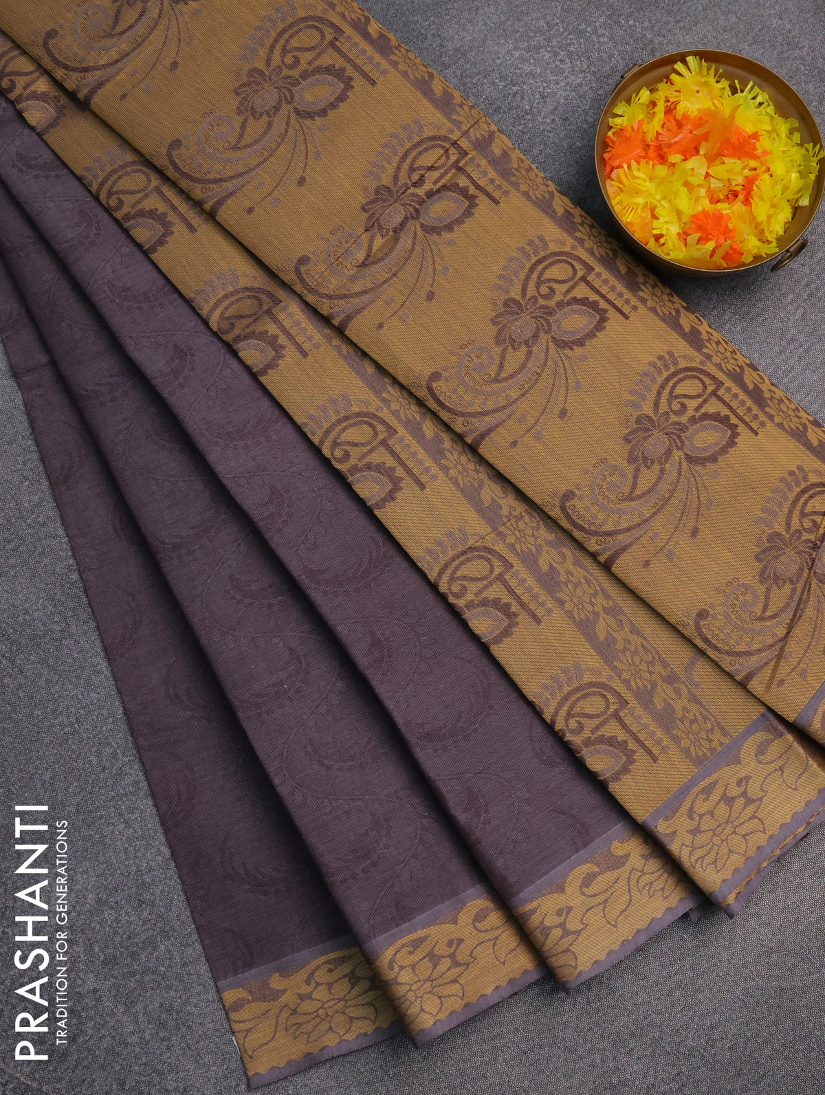 Coimbatore cotton saree grey shade with allover self emboss and thread woven border