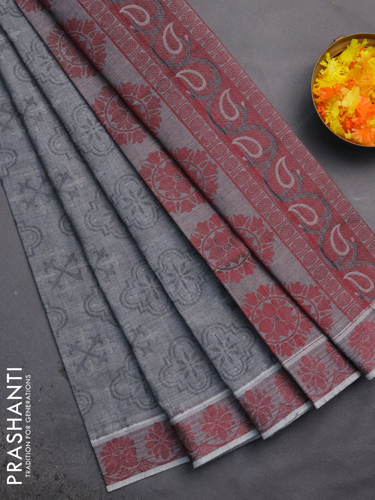 Coimbatore cotton saree grey and maroon with allover self emboss and thread woven border