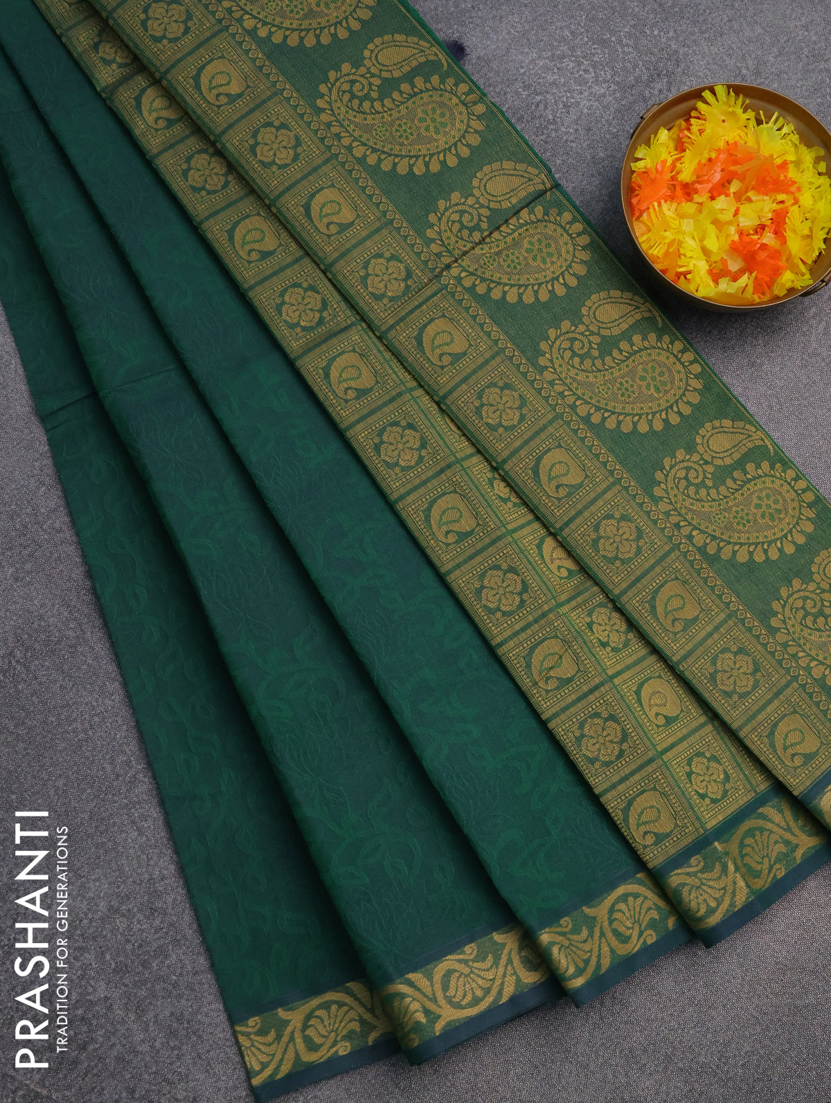 Coimbatore cotton saree dual shade of green and sandal with allover self emboss and thread woven border
