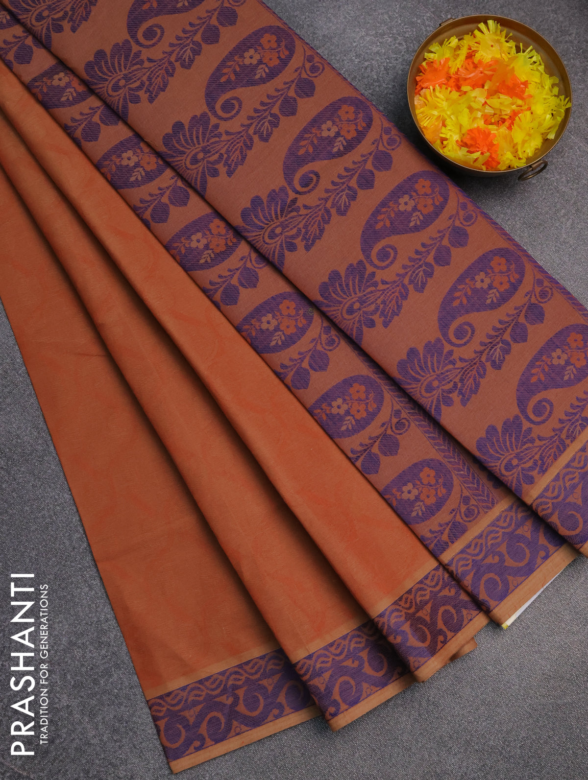 Coimbatore cotton saree rust shade and blue with allover self emboss and thread woven border