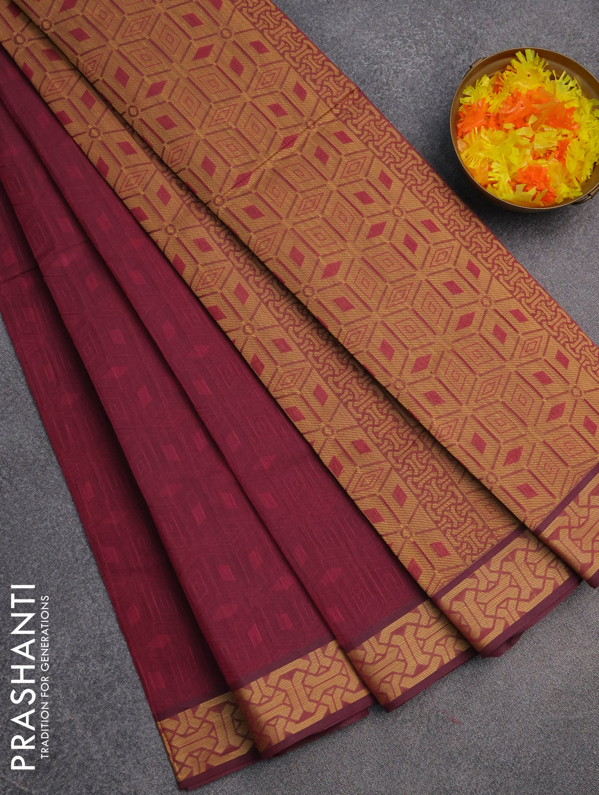 Coimbatore cotton saree magente pink and sandal with allover self emboss and thread woven border