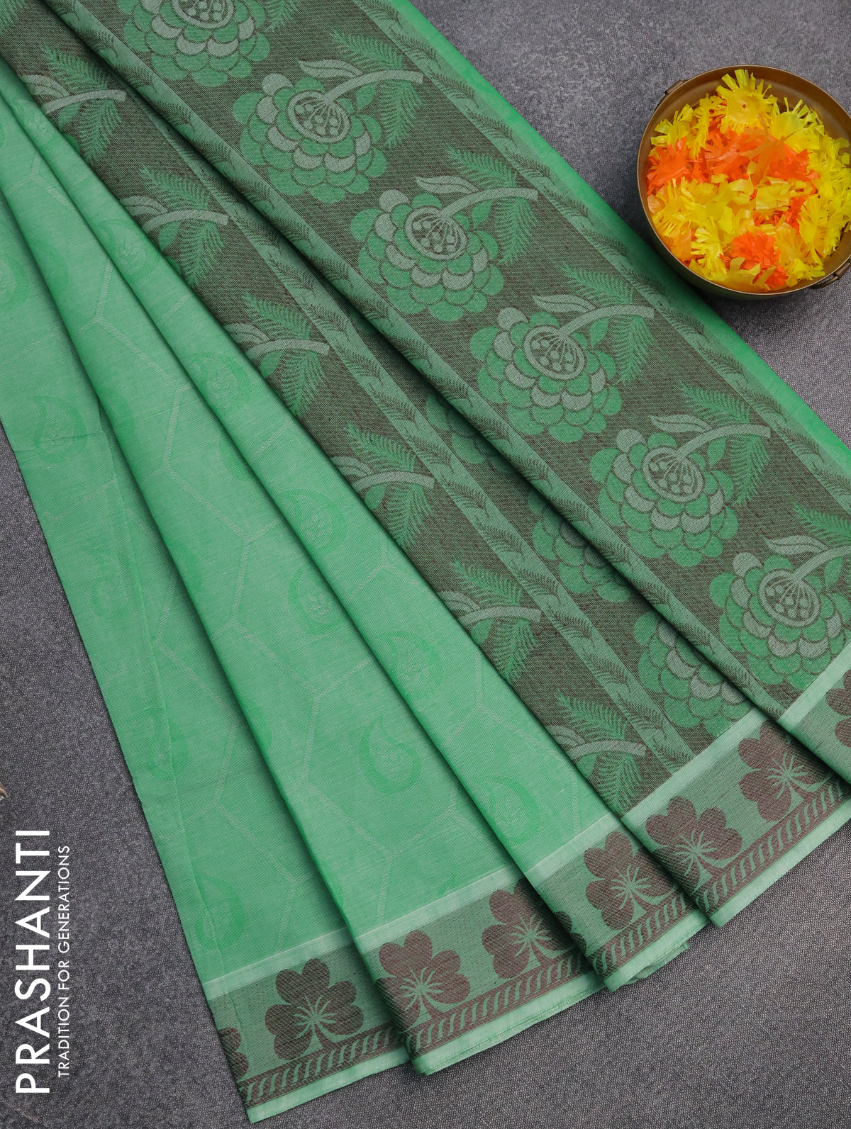 Coimbatore cotton saree green and deep maroon with allover self emboss and thread woven border