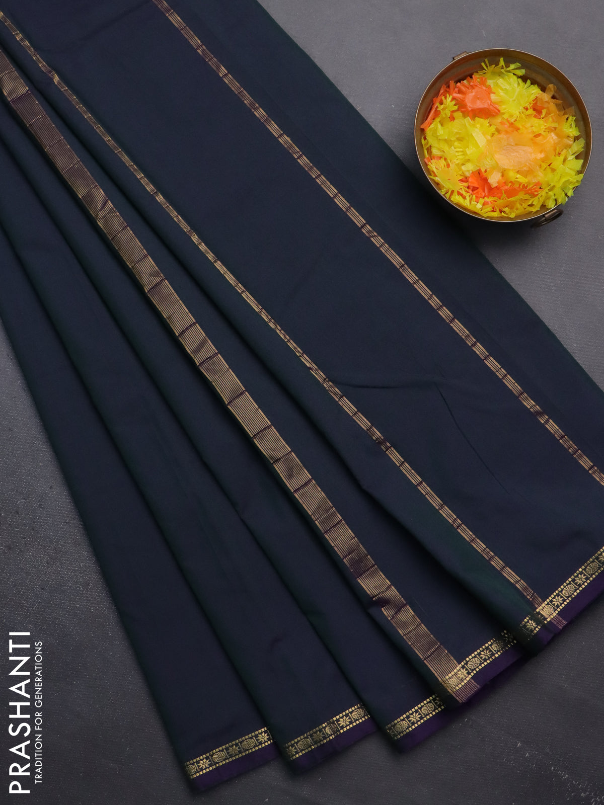 Arani semi silk saree dual shade of greenish blue with plain body and small zari woven border