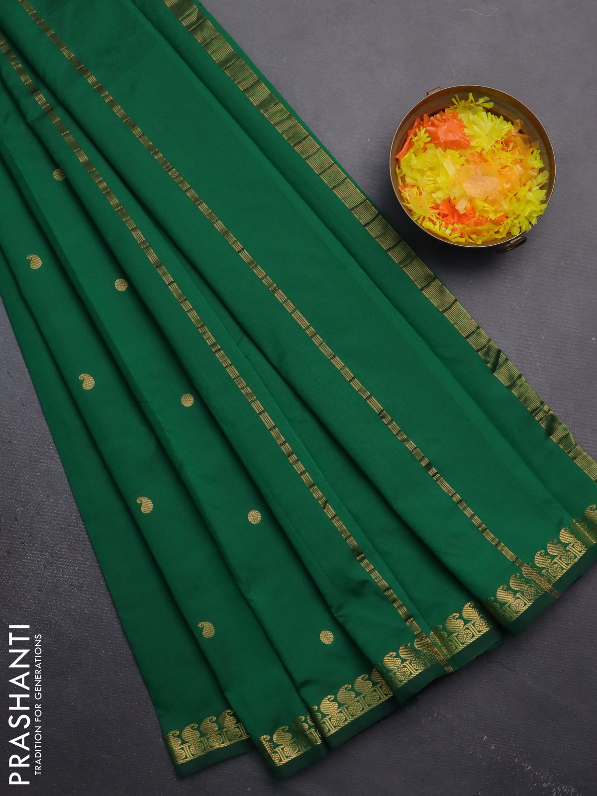 Arani semi silk saree green with rudhraksha & paisley zari woven buttas and zari woven border