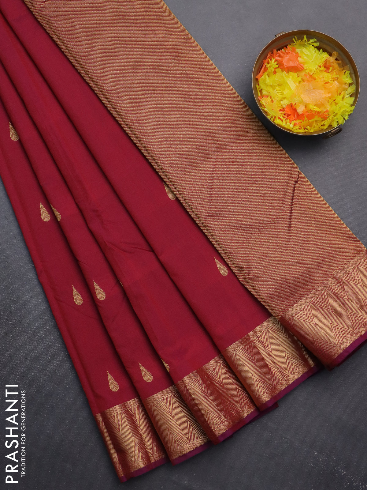 Arani semi silk saree dual shade of maroon with zari woven thilak buttas and zari woven border