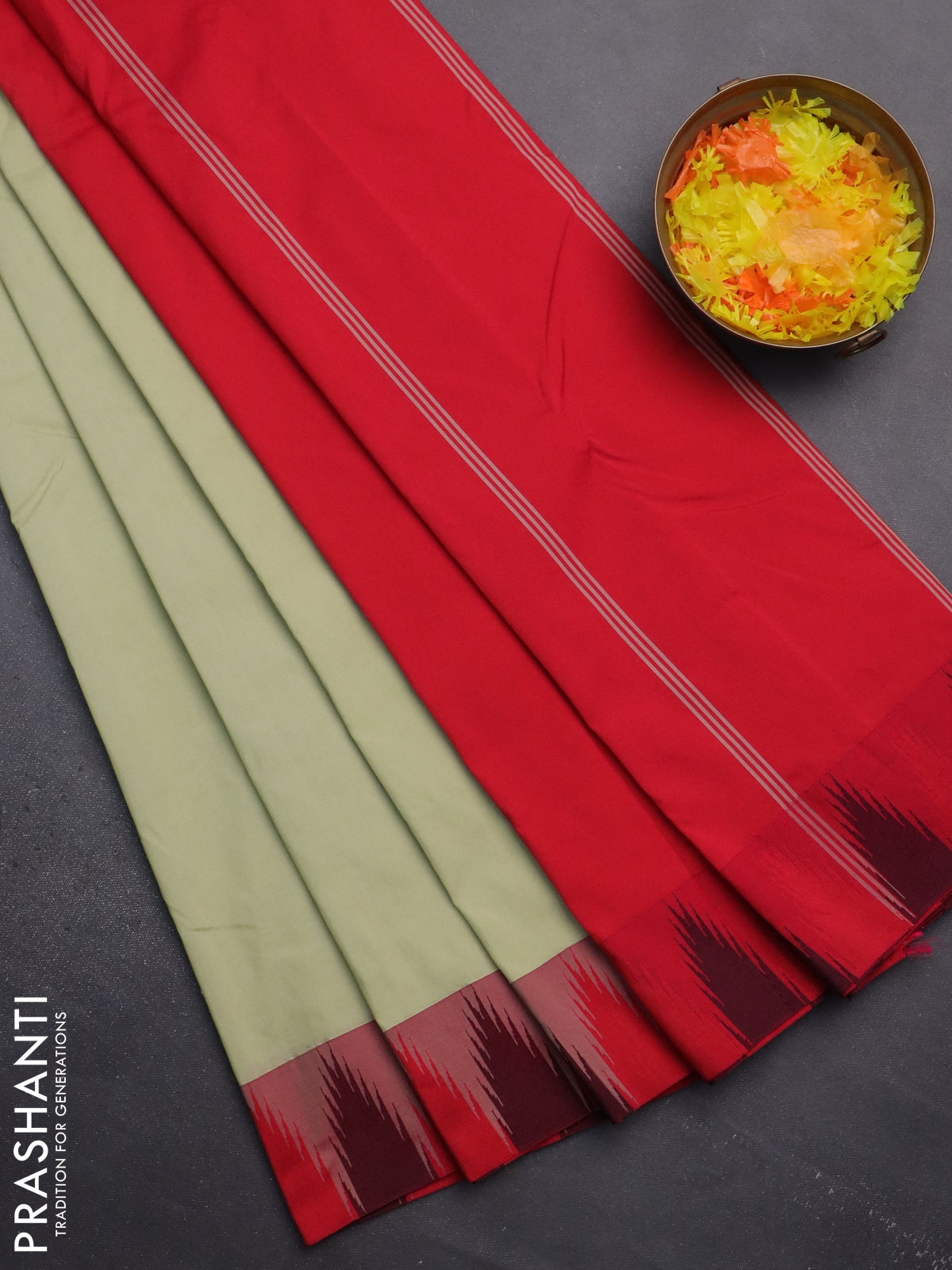 Arani semi silk saree pista green and dual shade of pink with plain body and temple design border