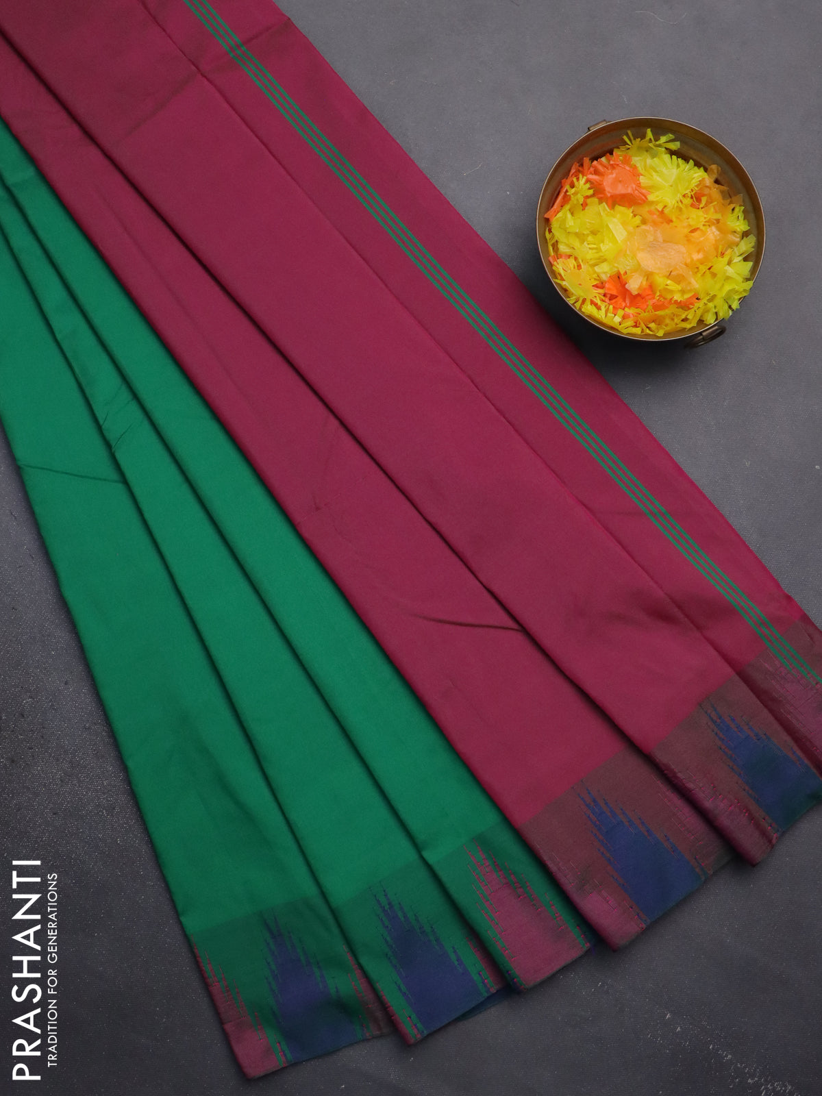 Arani semi silk saree green and blue with plain body and temple design border