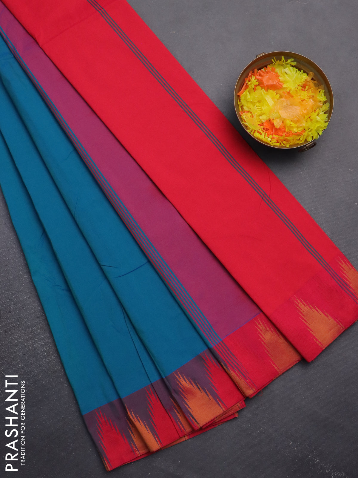 Arani semi silk saree dual shade of teal blue and dual shade of pink with plain body and temple design border