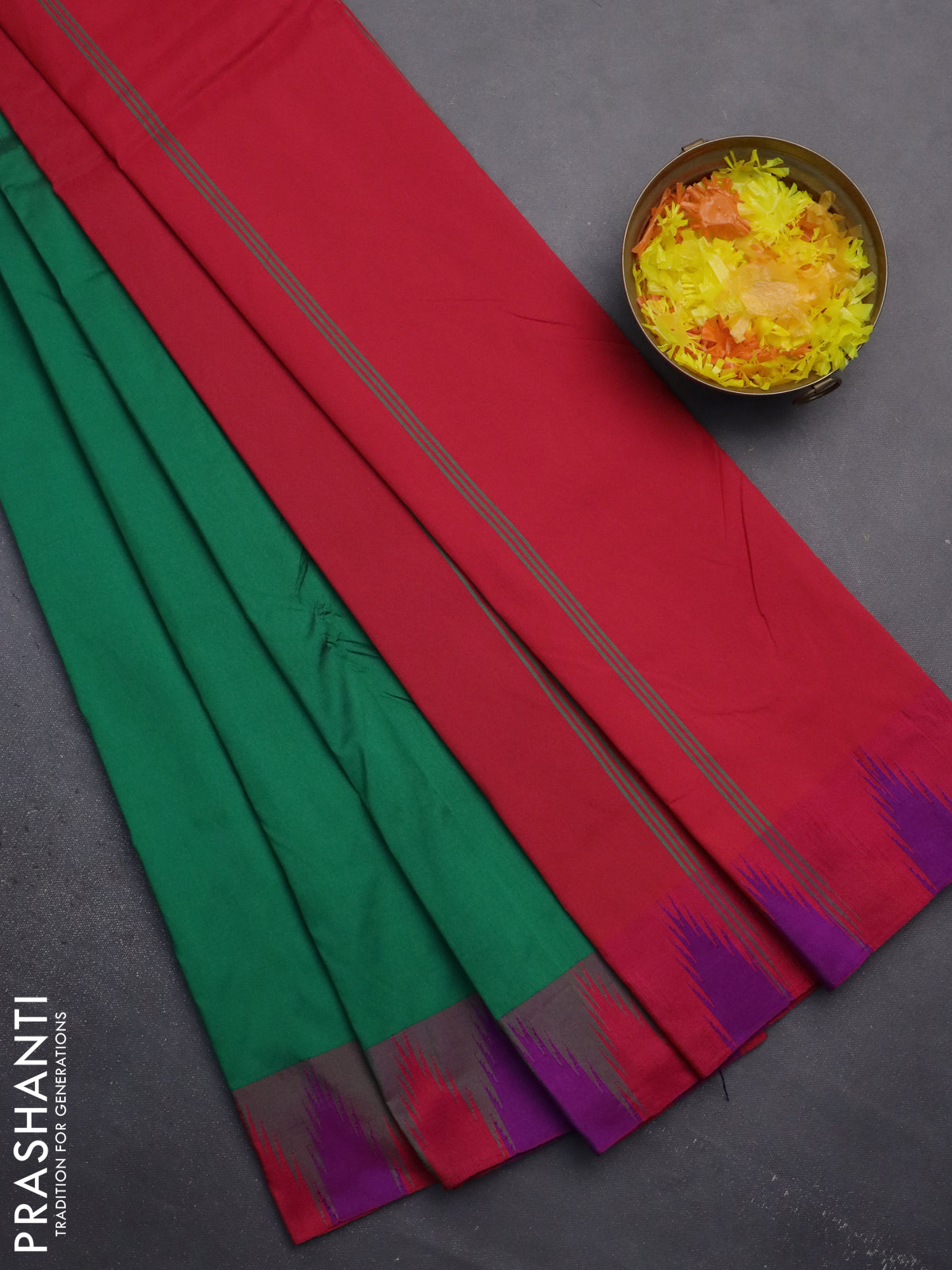 Arani semi silk saree green and dual shade of magenta pink with plain body and temple design border