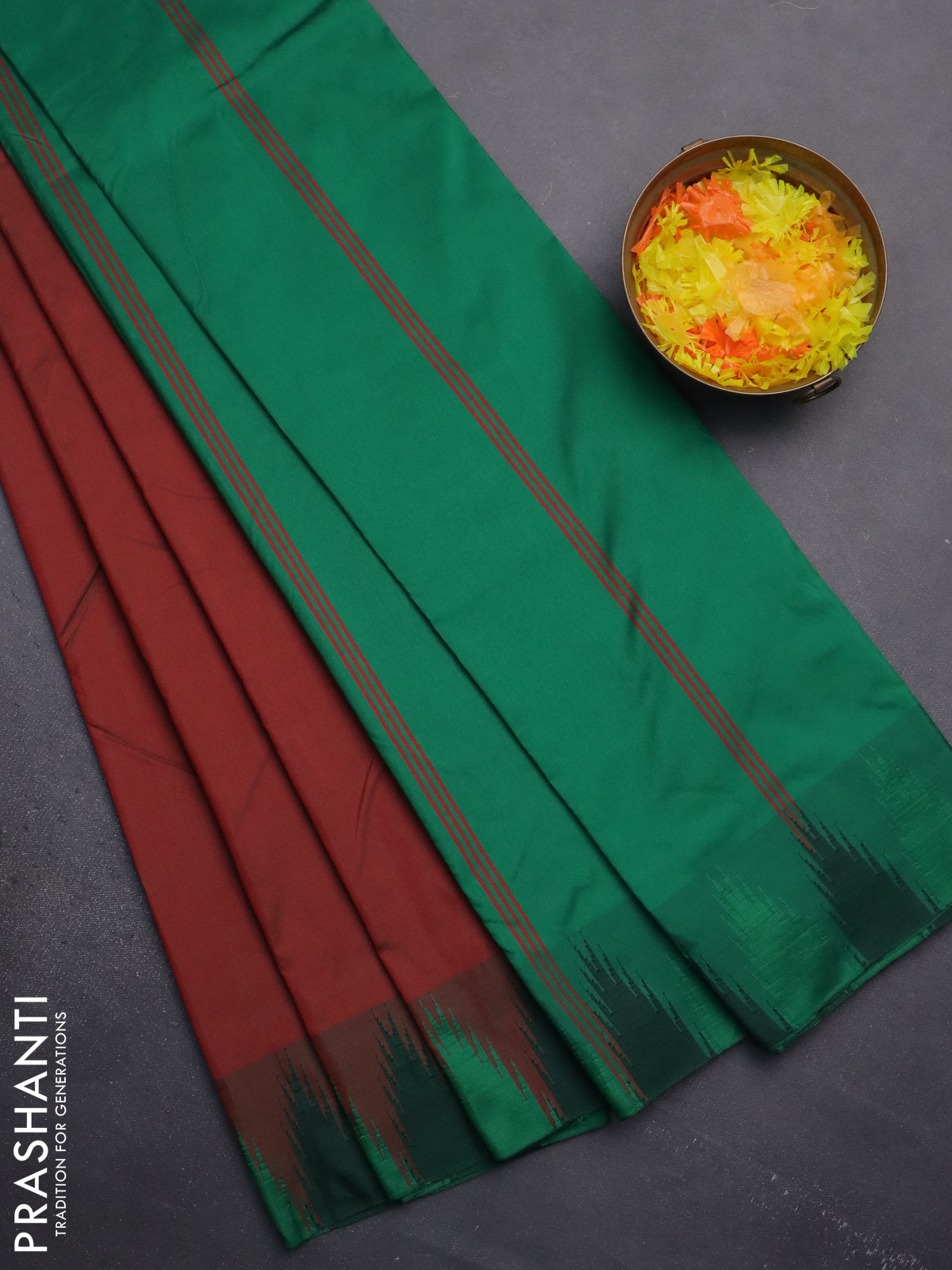 Arani semi silk saree dual shade of maroon and green with plain body and temple design border