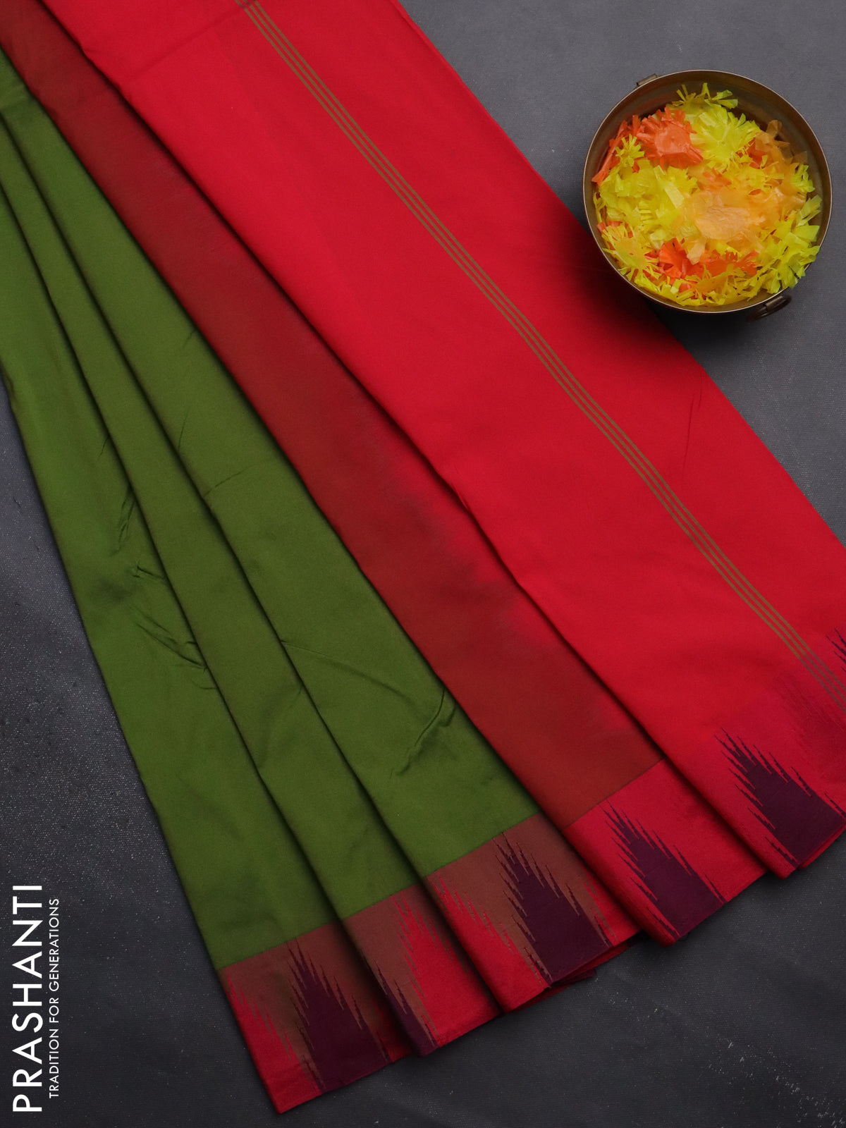 Arani semi silk saree sap green and dual shade of pink with plain body and temple design border