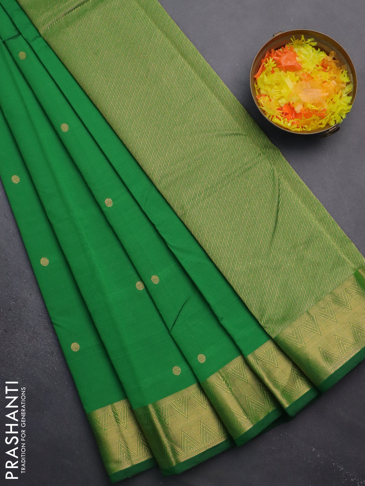 Arani semi silk saree green with zari woven rudhraksha buttas and zari woven border