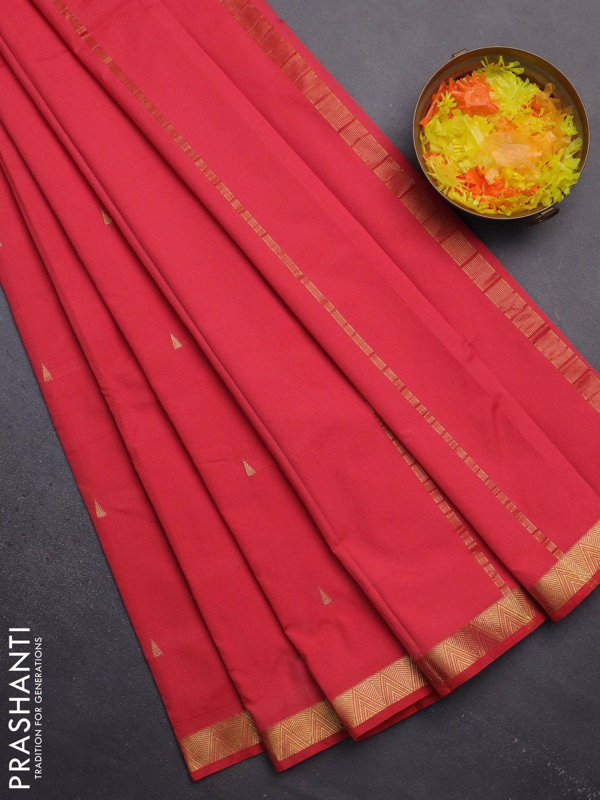 Arani semi silk saree peach pink shade with zari woven temple buttas and zari woven border