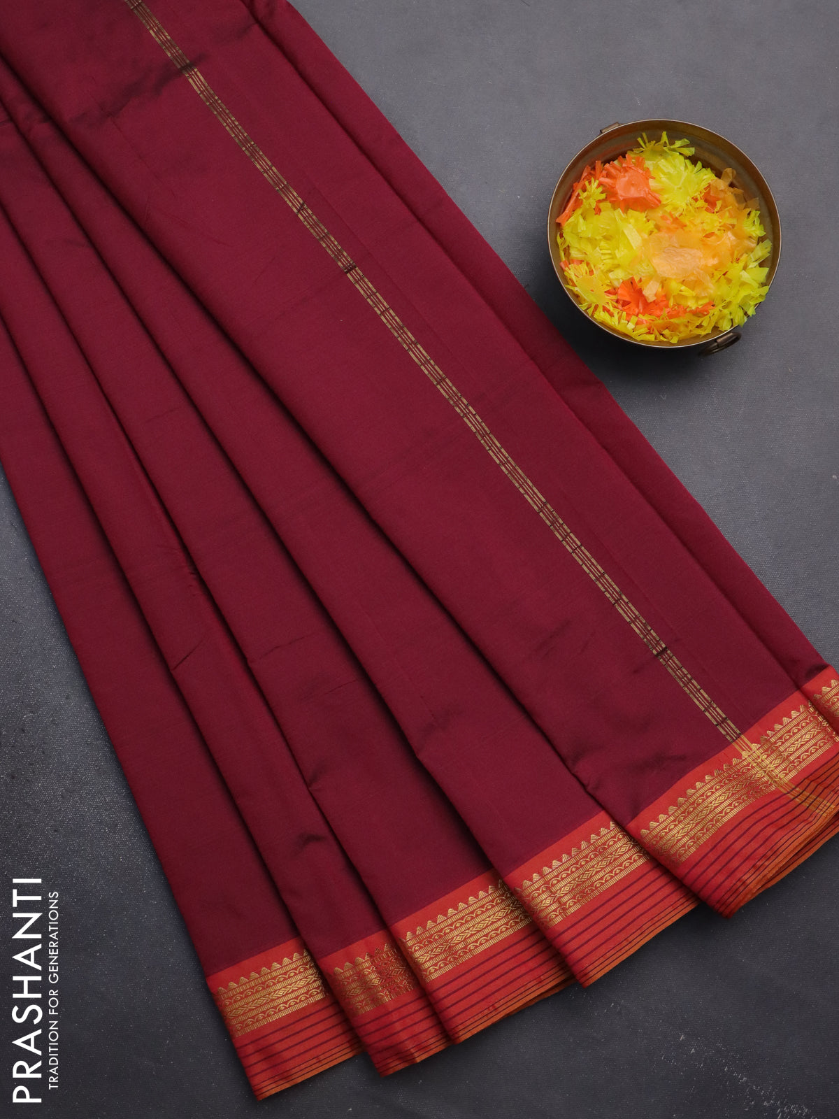 Arani semi silk saree wine shade and dark mustard with plain body and zari woven simple border