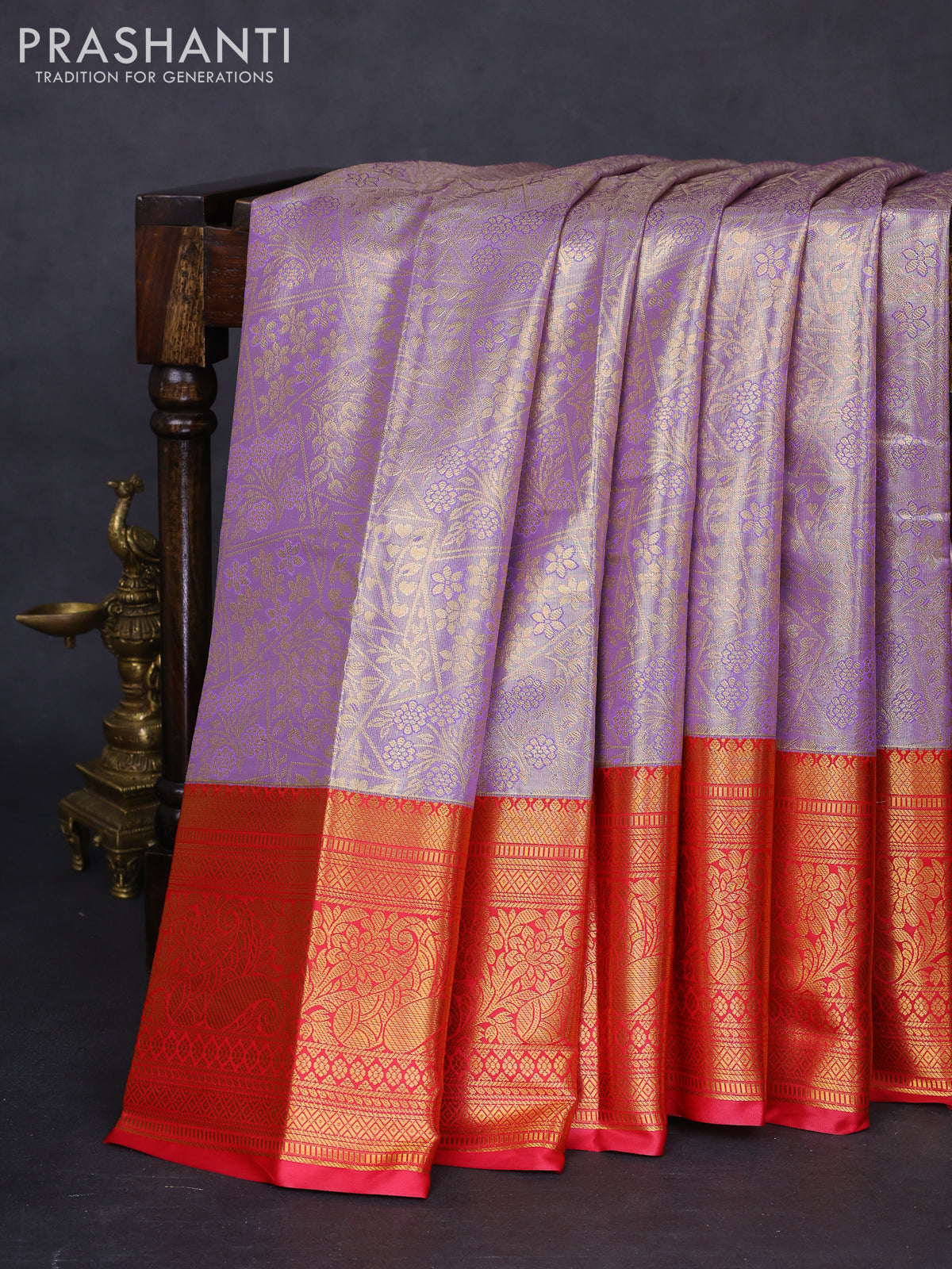 Bangalori tissue silk saree mild lavender and reddish pink with allover zari woven brocade weaves and long zari woven border