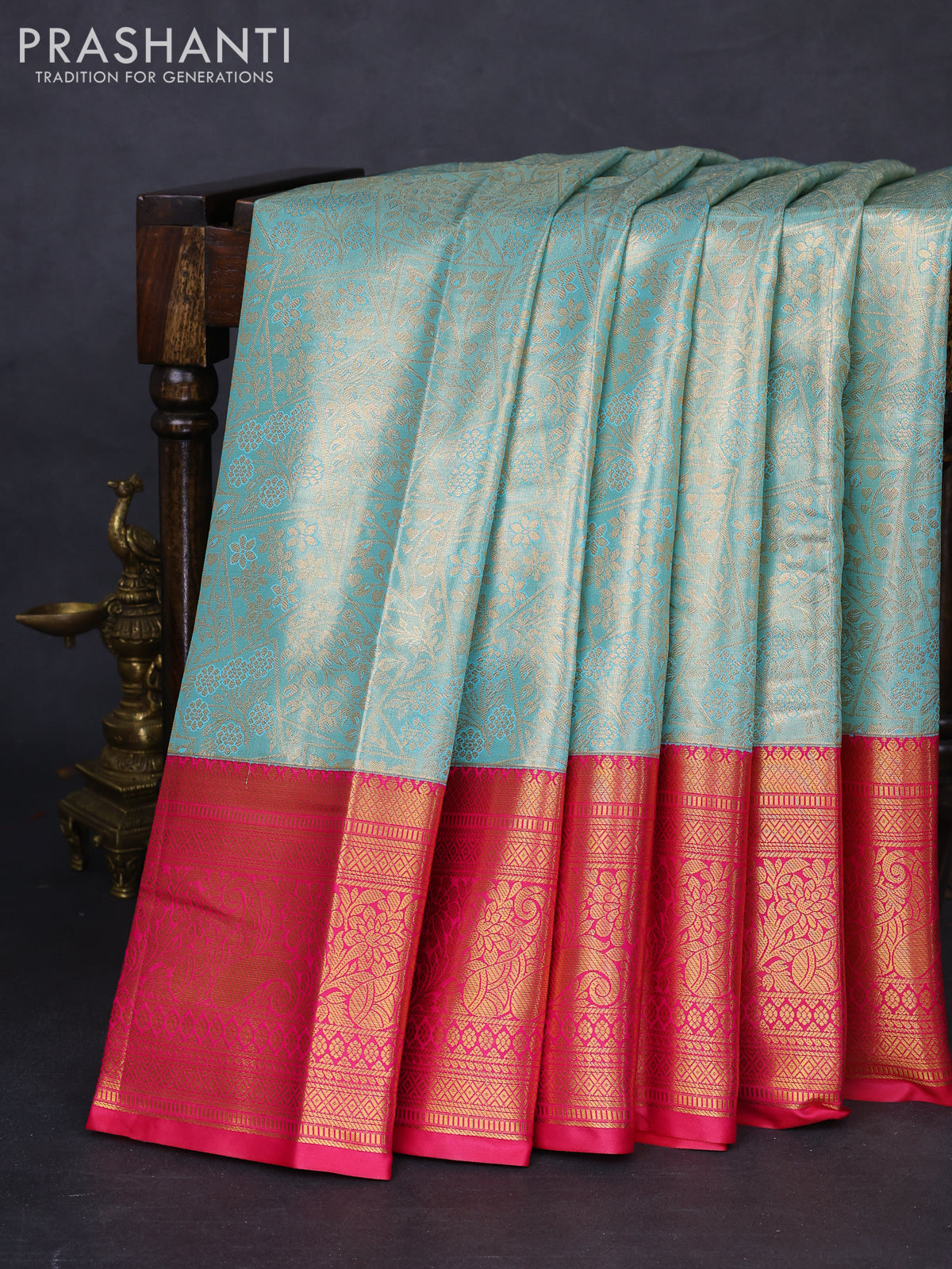 Bangalori tissue silk saree teal blue and pink with allover zari woven brocade weaves and long zari woven border