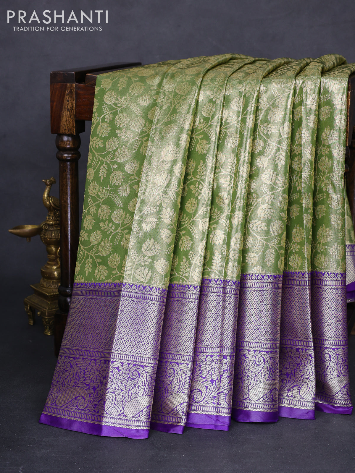 Bangalori tissue silk saree green shade and violet with allover zari woven brocade weaves and long zari woven border