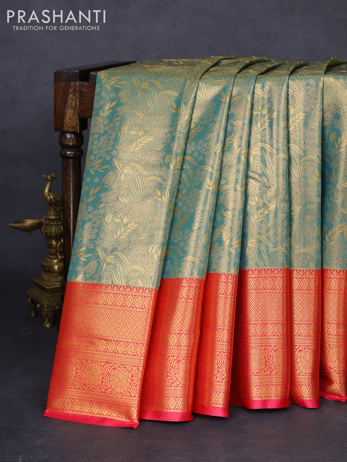 Bangalori tissue silk saree teal green shade and pink with allover zari woven brocade weaves and long zari woven border
