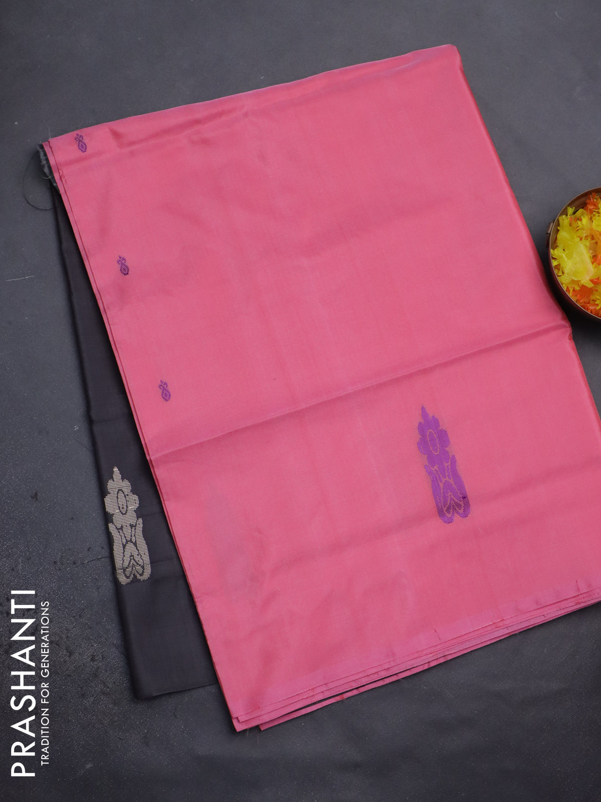 Banana pith saree light pink and coffee brown shade with thread woven buttas in borderless style