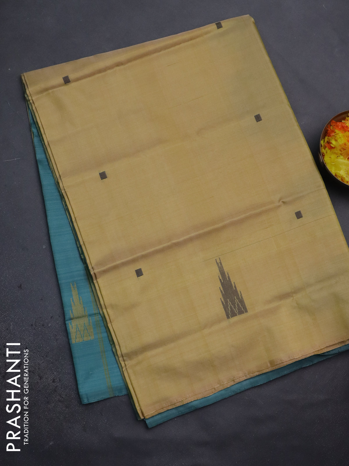 Banana pith saree pale yellow and teal green shade with thread woven buttas in borderless style