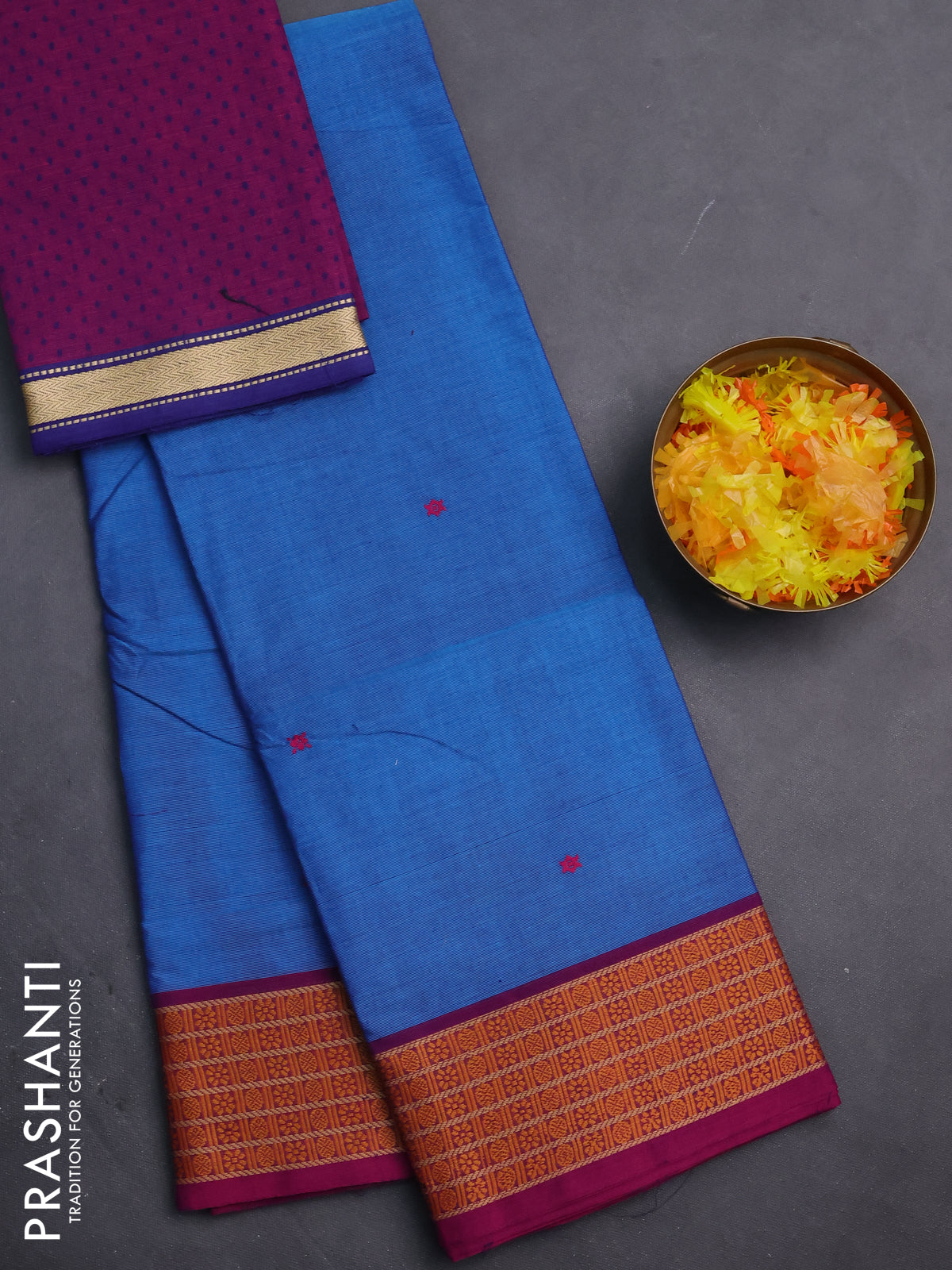 Chettinad cotton saree cs blue and magenta pink with thread woven buttas and thread woven border