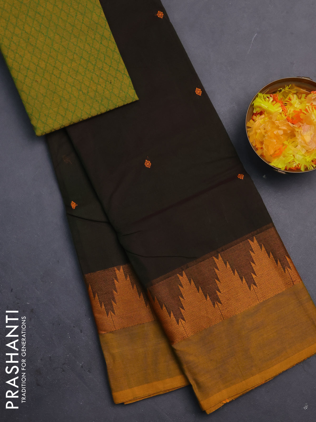 Chettinad cotton saree dark sap green and dark mustard with thread woven buttas and temple thread woven simple border