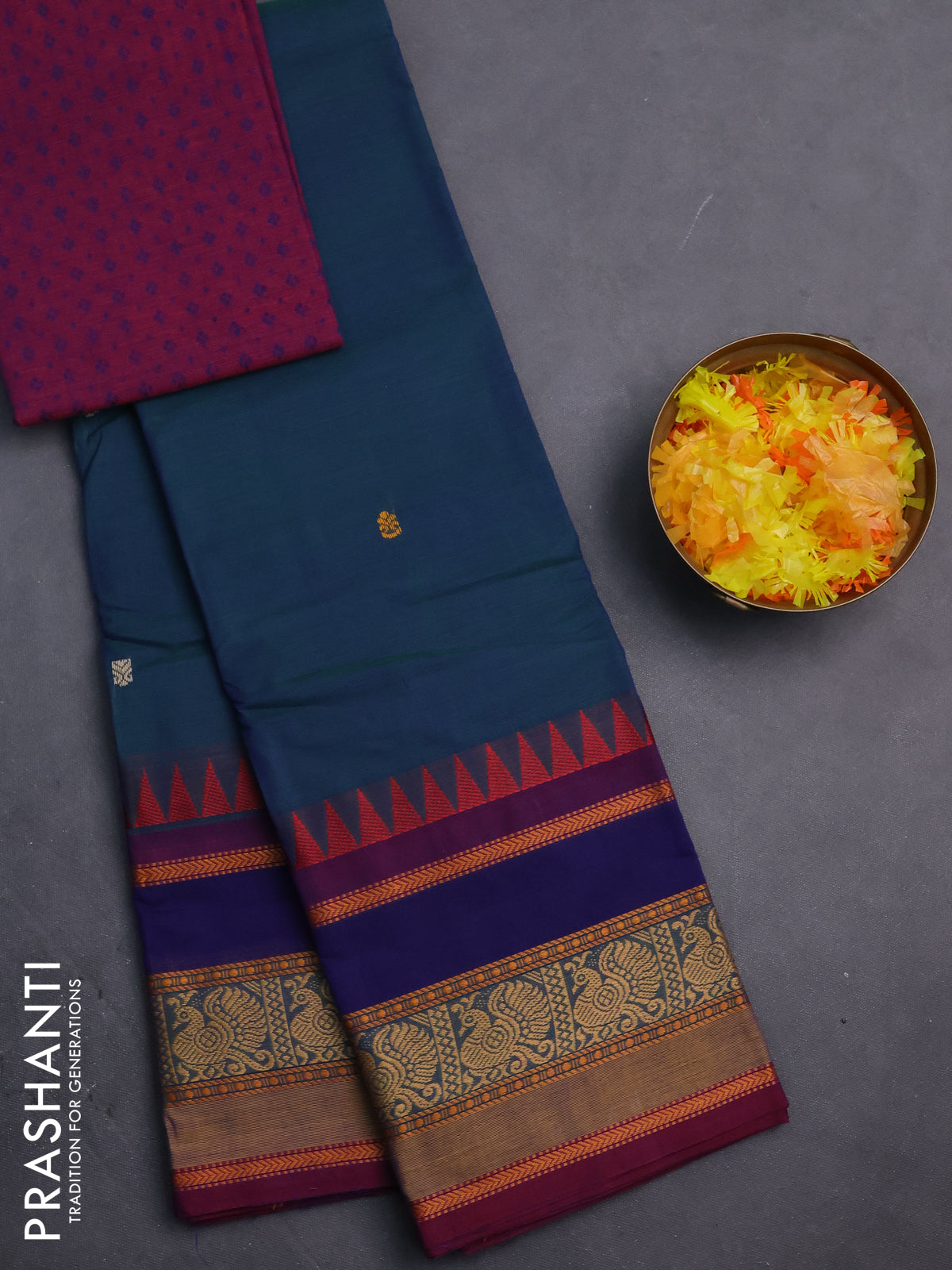 Chettinad cotton saree dual shade of bluish green and dual shade of maroon with thread woven buttas and long rettapet thread woven border