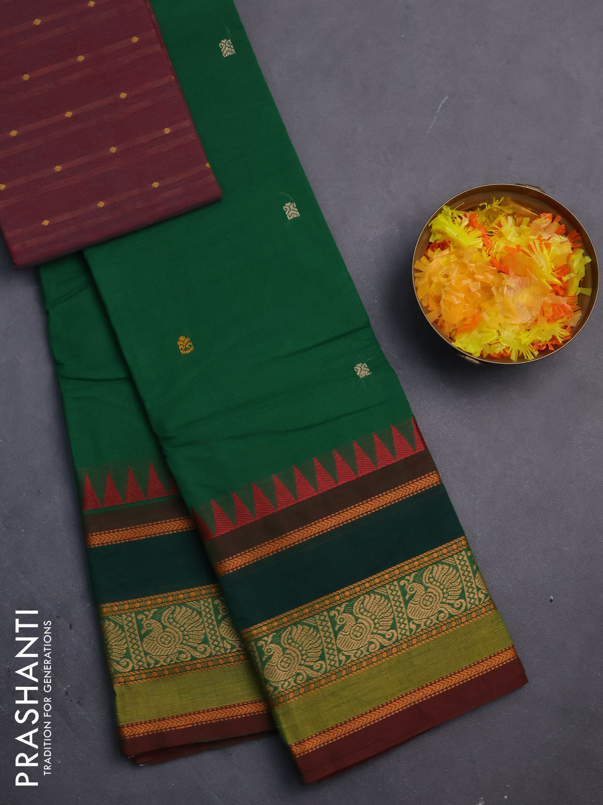 Chettinad cotton saree green and dual shade of maroon with thread woven buttas and long rettapet thread woven border