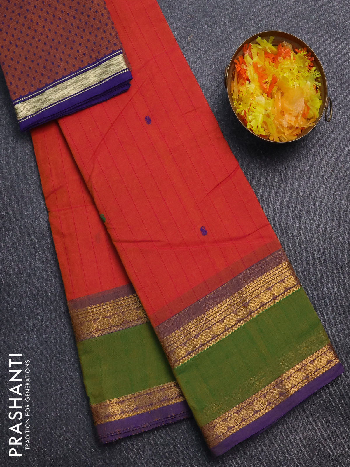 Chettinad cotton saree dual shade of orange and green with allover checked pattern and rattapet zari woven border