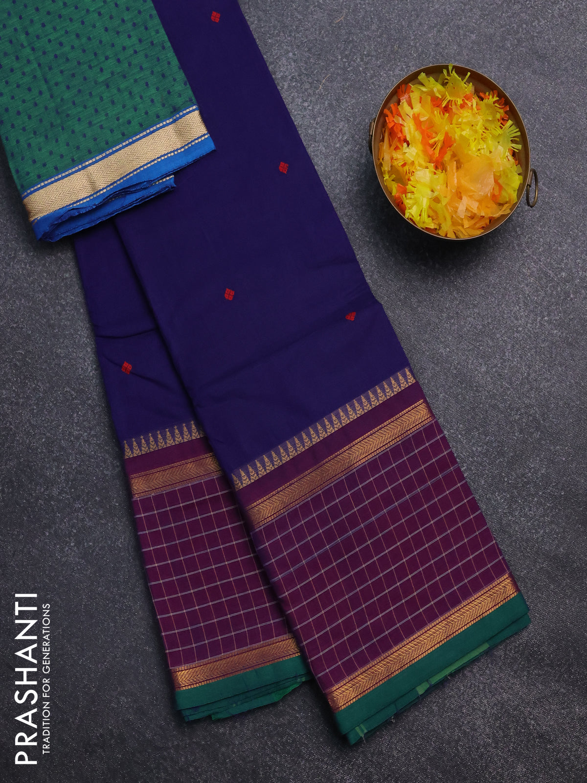 Chettinad cotton saree navy blue and green with thread woven buttas and rettapet zari checked border