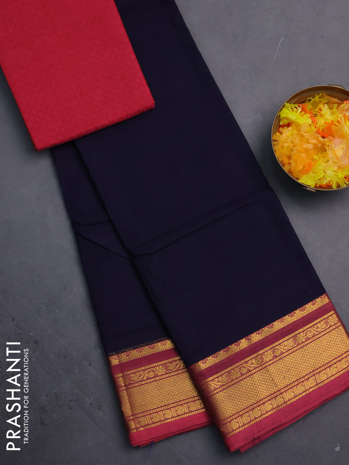 Chettinad cotton saree navy blue and pink with plain body and zari woven border