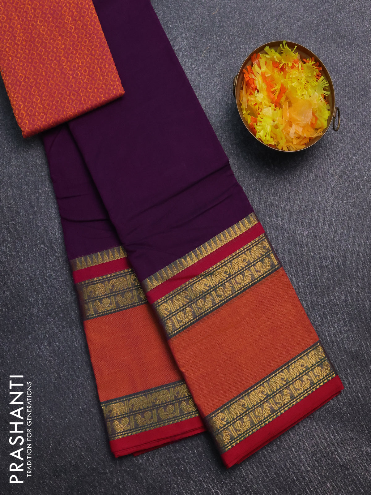 Chettinad cotton saree deep voilet and dual shade of mustard with thread woven buttas and rattapet zari woven border