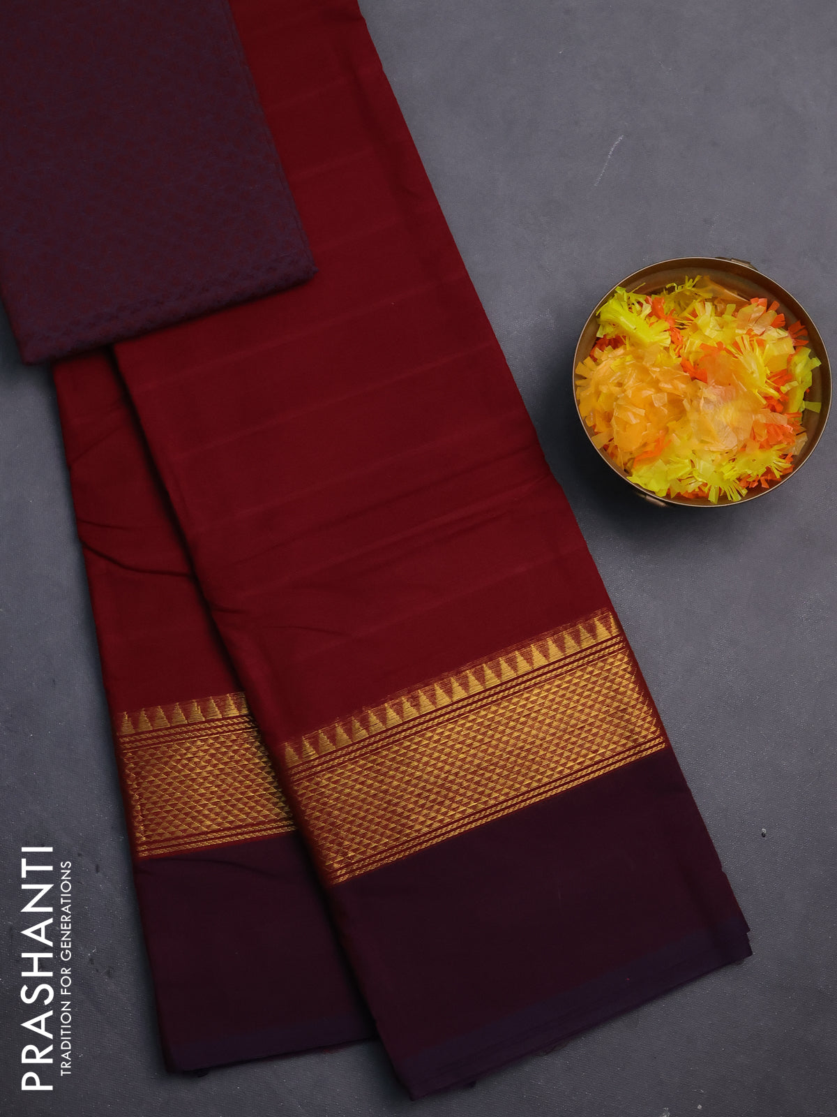Chettinad cotton saree maroon and deep jamun with thread woven buttas and zari woven simple border