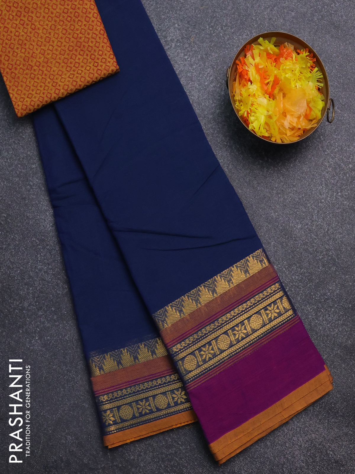 Chettinad cotton saree peacock blue and purpel with thread woven buttas and ganga jamuna border