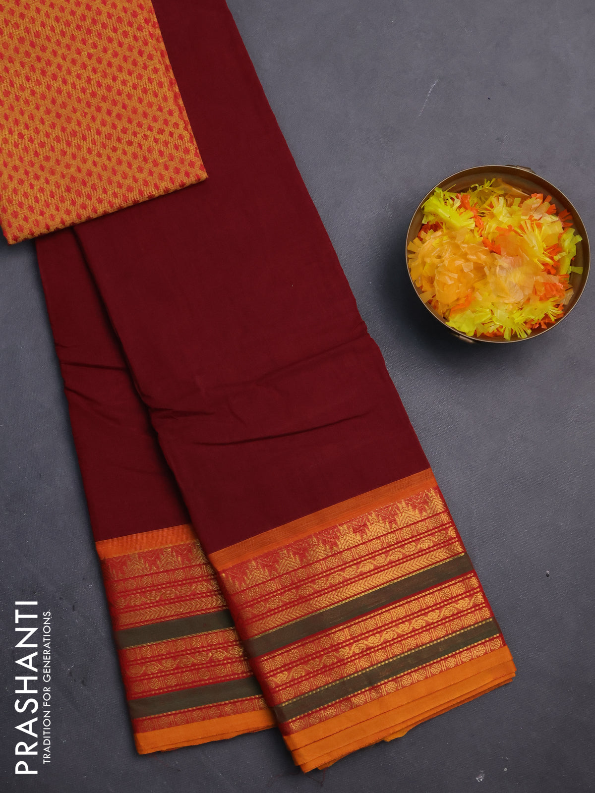 Chettinad cotton saree maroon and mustard yellow with thread woven buttas and zari woven border