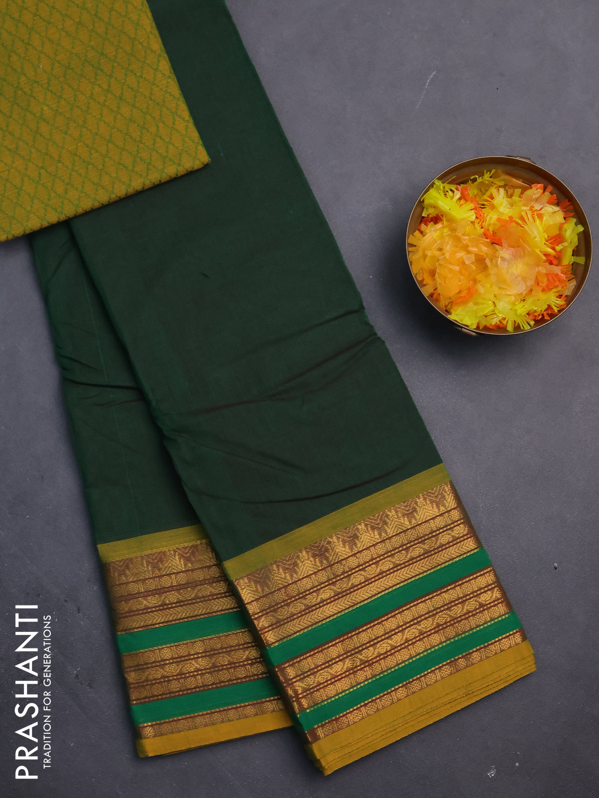 Chettinad cotton saree green and mustard yellow with thread woven buttas and zari woven border