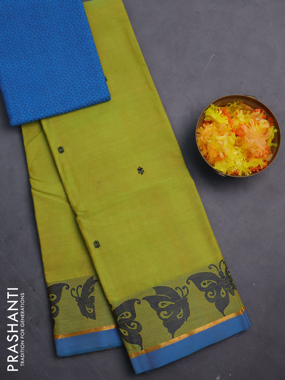 Chettinad cotton saree lime green and cs blue with thread woven buttas and thread & zari woven border
