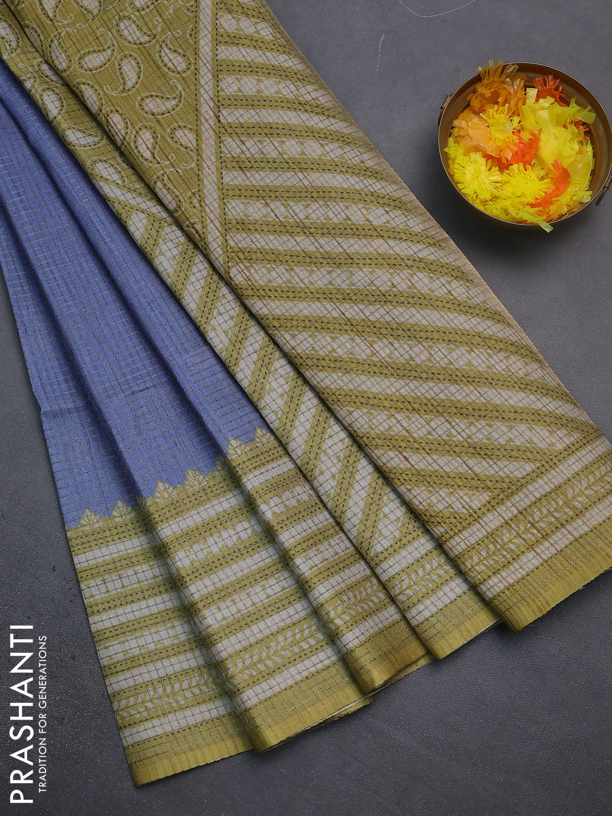 Chappa saree blue shade and lime green with allover small zari checked pattern and printed border