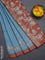 Chappa saree light blue and rust shade with allover small zari checked pattern and pichwai printed pallu
