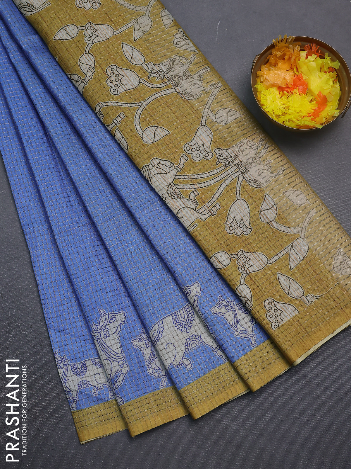 Chappa saree blue and mehendi green with allover small zari checked pattern and pichwai printed pallu