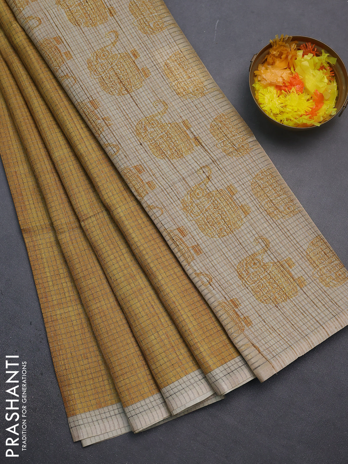 Chappa saree mustard yellow and beige with allover small zari checked pattern and elephant butta prints