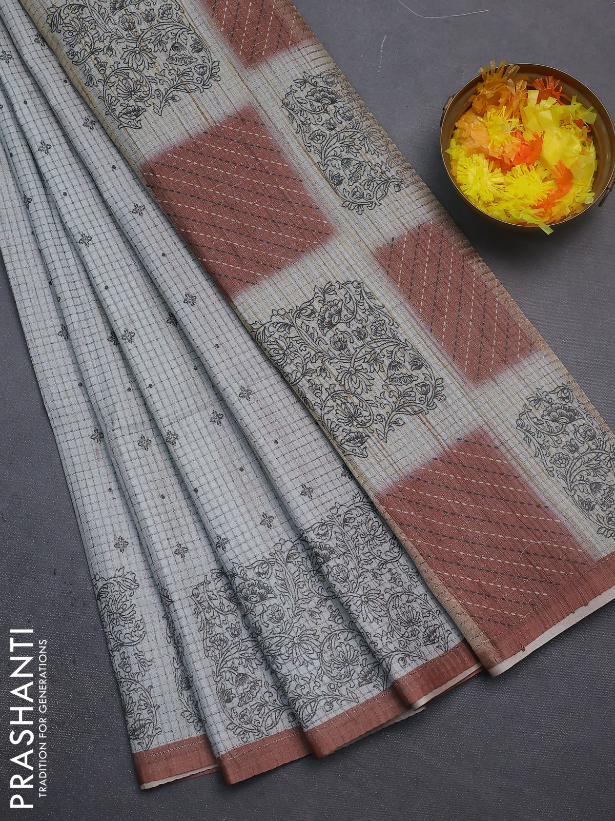 Chappa saree pastel grey and brown with allover small zari checked pattern & butta prints and printed border
