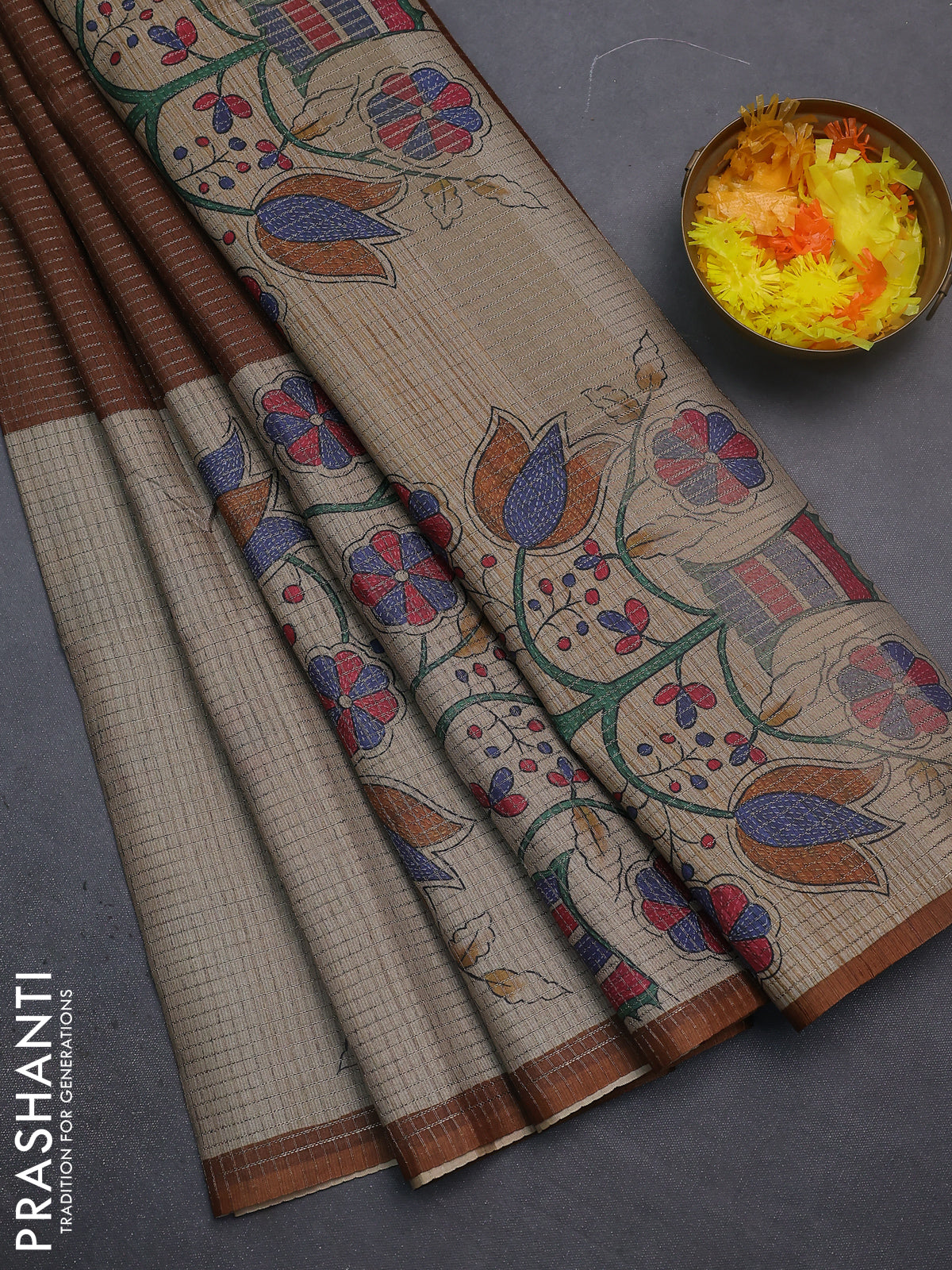 Chappa saree brown and beige with allover small zari checked pattern and floral digital printed pallu